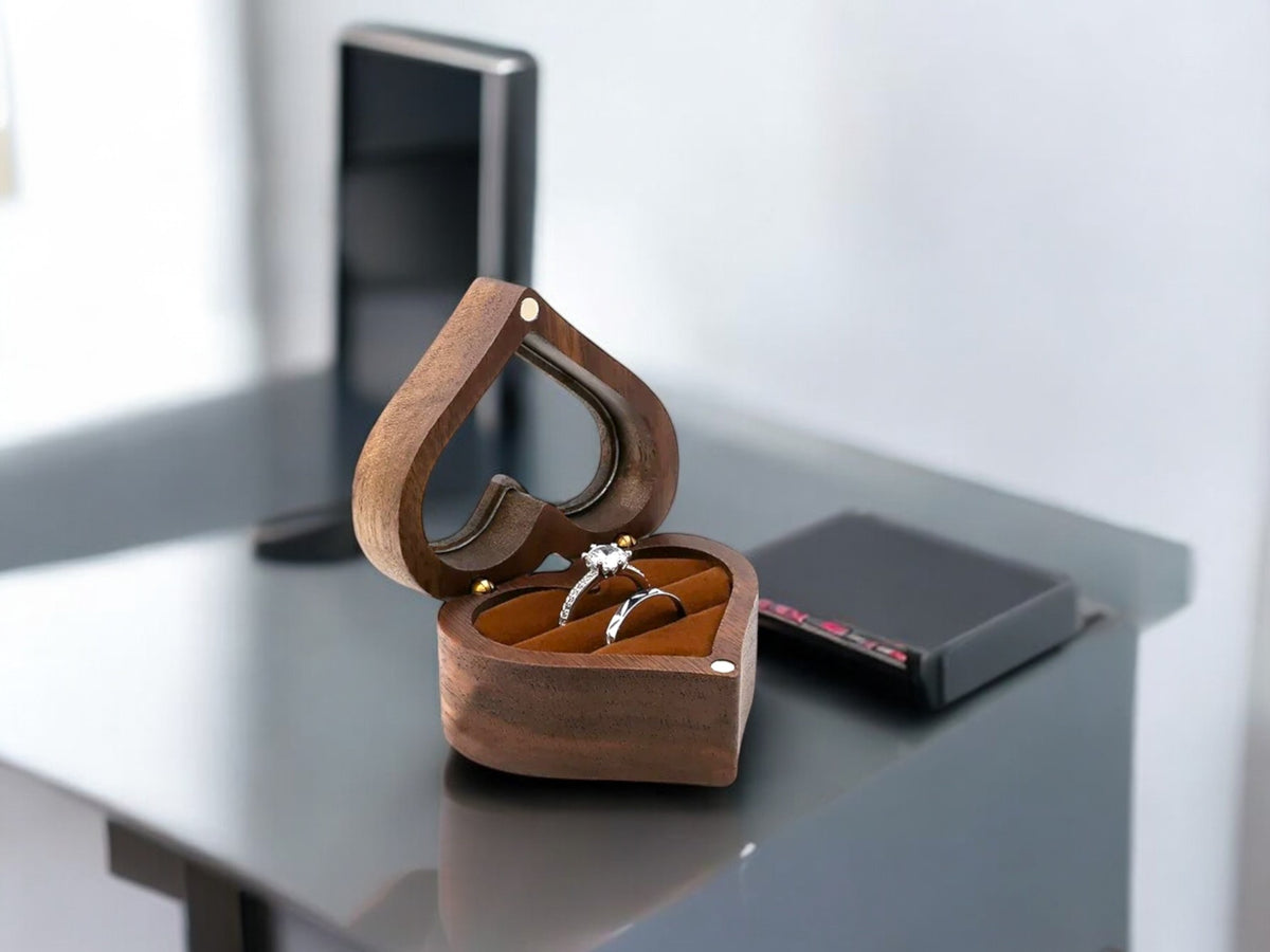 Heart-Shaped Walnut Ring Box [Custom Engraving Included]